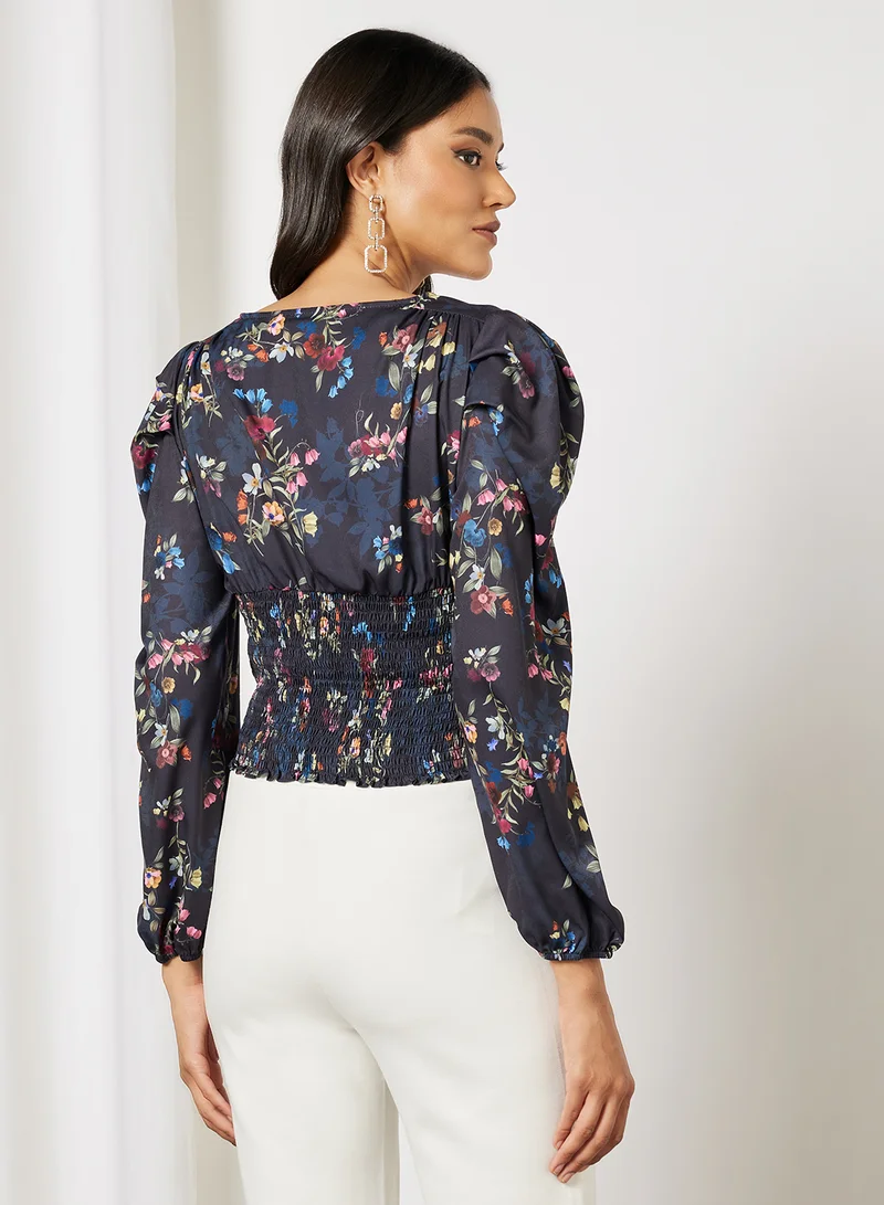 Chi-Chi London Amanza Floral Print Blouse Navy