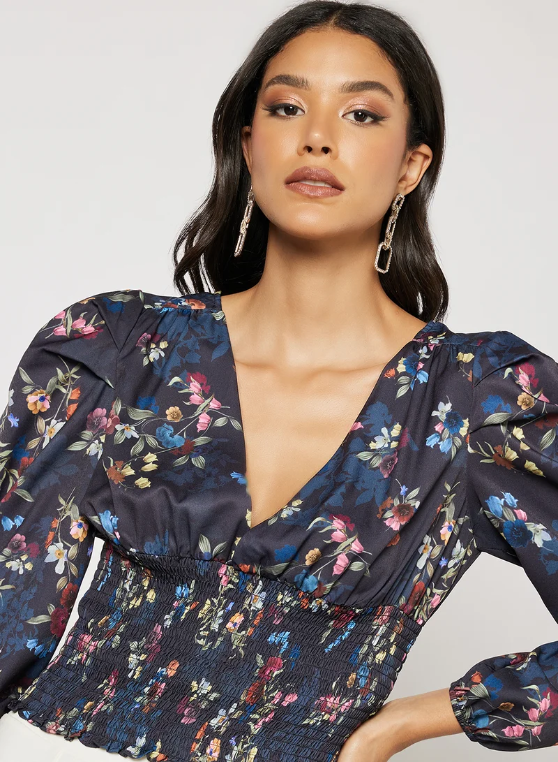 Chi-Chi London Amanza Floral Print Blouse Navy