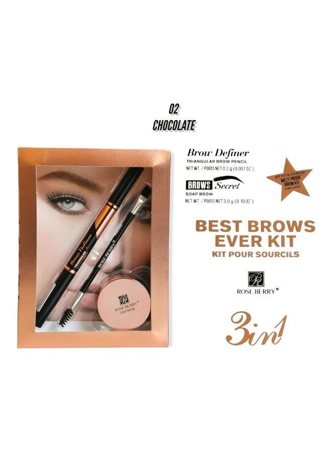 ROSE BERRY - 3 In1 Best Brows Ever Kit 02 Chocolate - Image 1