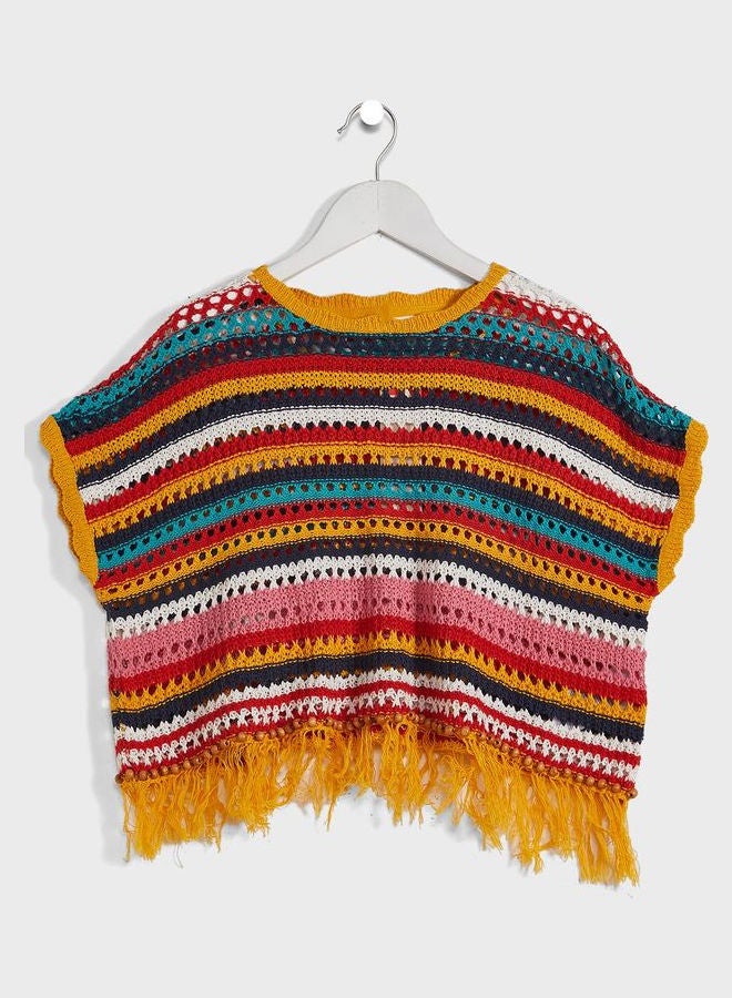 زيبي Kids Knitted Fringe Detail Poncho Multicolour - Image 1
