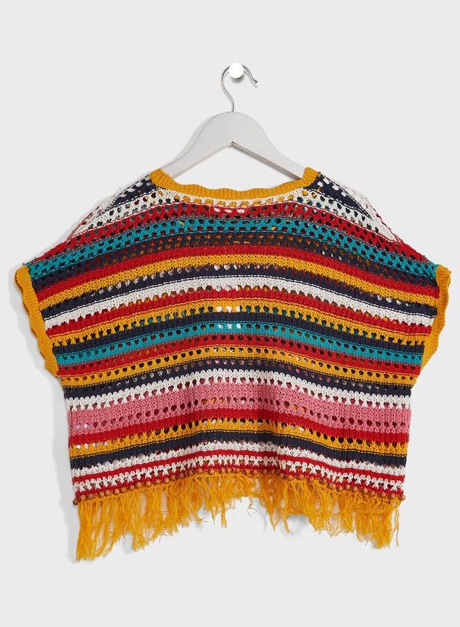 زيبي Kids Knitted Fringe Detail Poncho Multicolour - Image 2