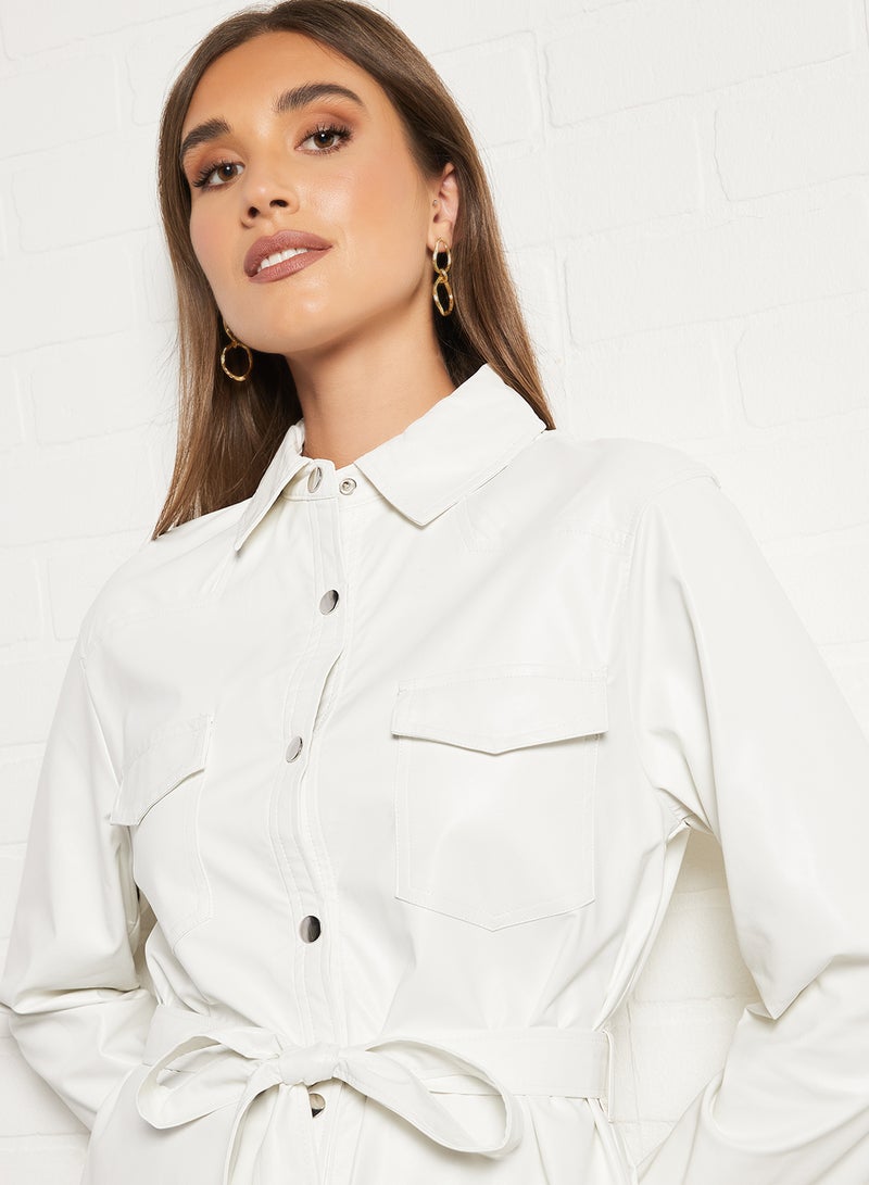 NA-KD - Belted Longline PU Shirt White - Image 1