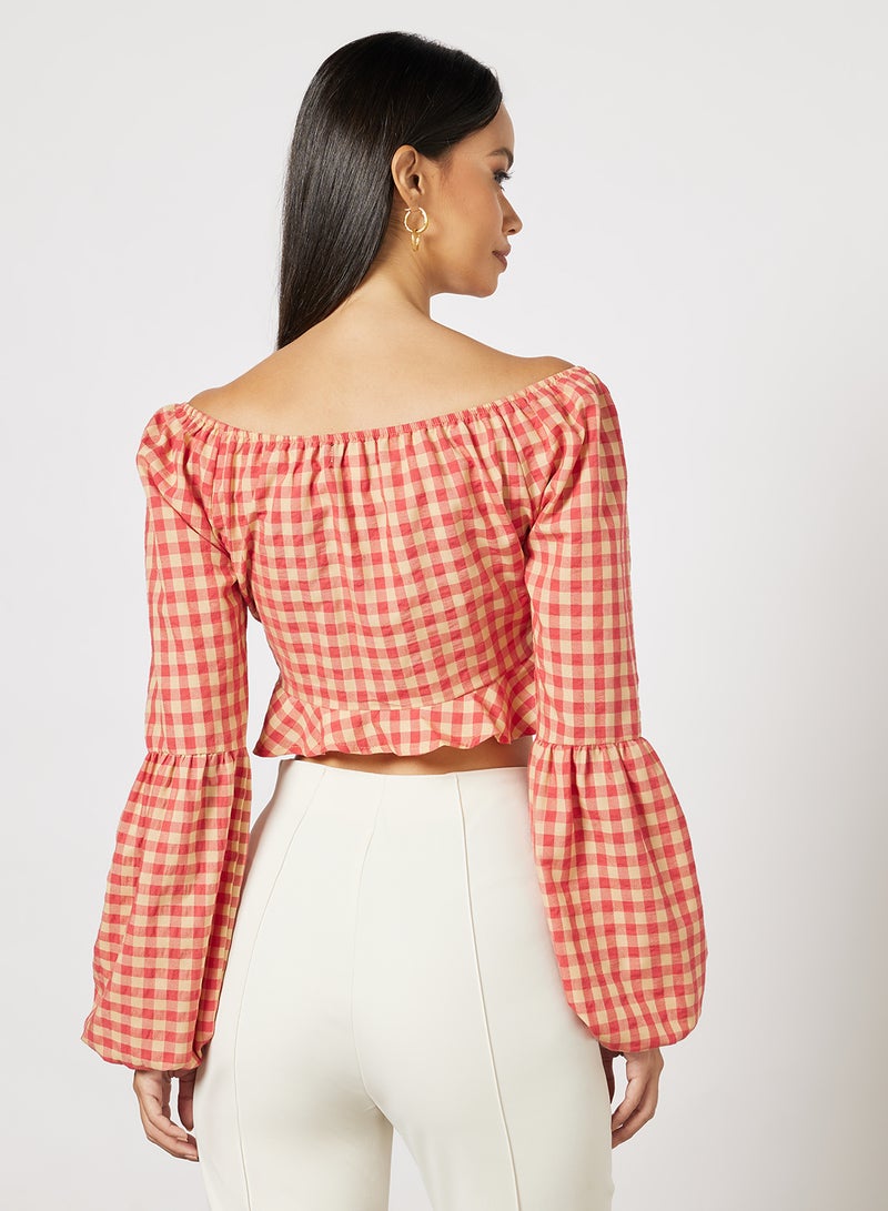 Daisy Street - Check Print Knotted Crop Top Red - Image 1