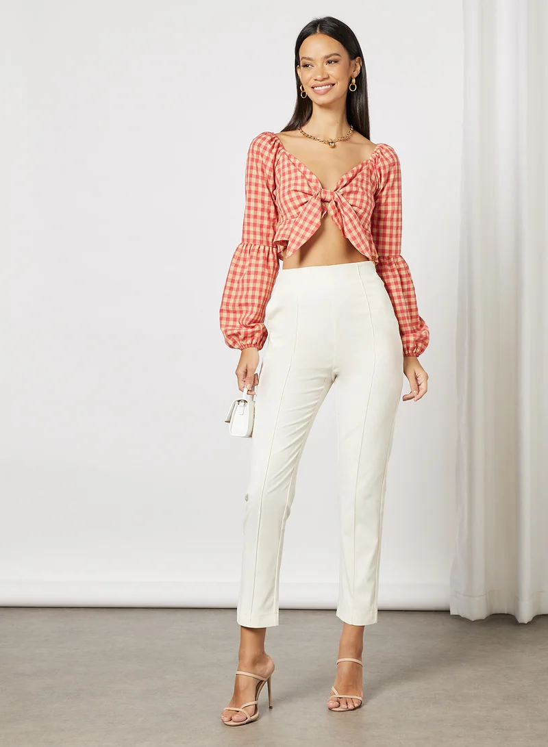 Daisy Street Check Print Knotted Crop Top Red