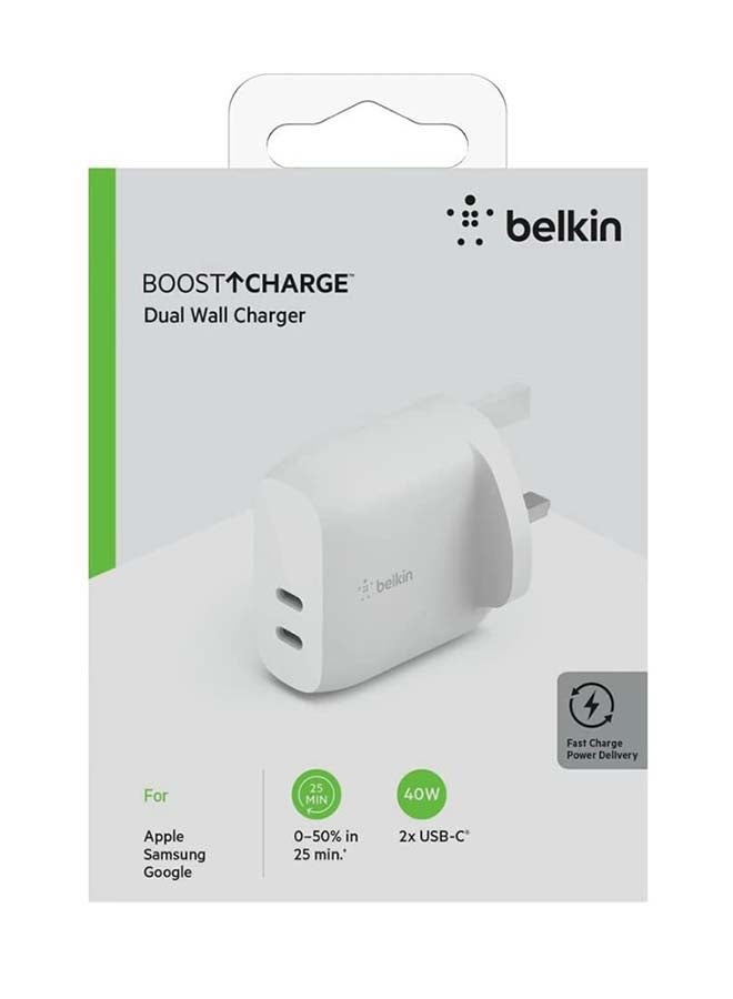 belkin - 40W USB Type C PD Wall Charger (Dual USB-C Ports for 20W Per Port Fast Power Delivery Enabled Charging for iPhone 14/14 Plus, 13, 13 Pro, 13 Pro Max, Mini, iPad Pro, Galaxy, and More) White - Image 1