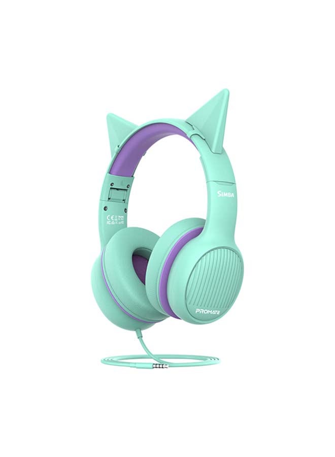 PROMATE - Kids Headset,Cute Kids Safe Foldable Wired Over-Ear Headphones with Audio Share Port,Removable Cat Ears,Soft Earpads,Volume Controlled at 85dB and 1.2m Cable,3.5mm Devices,Simba Emerald - Image 1