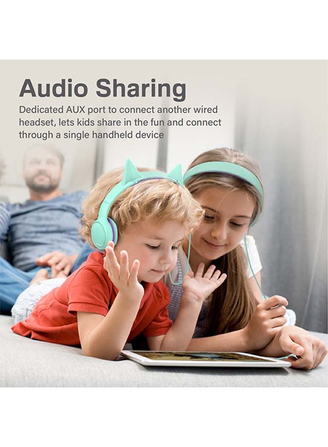 PROMATE - Kids Headset,Cute Kids Safe Foldable Wired Over-Ear Headphones with Audio Share Port,Removable Cat Ears,Soft Earpads,Volume Controlled at 85dB and 1.2m Cable,3.5mm Devices,Simba Emerald - Image 1