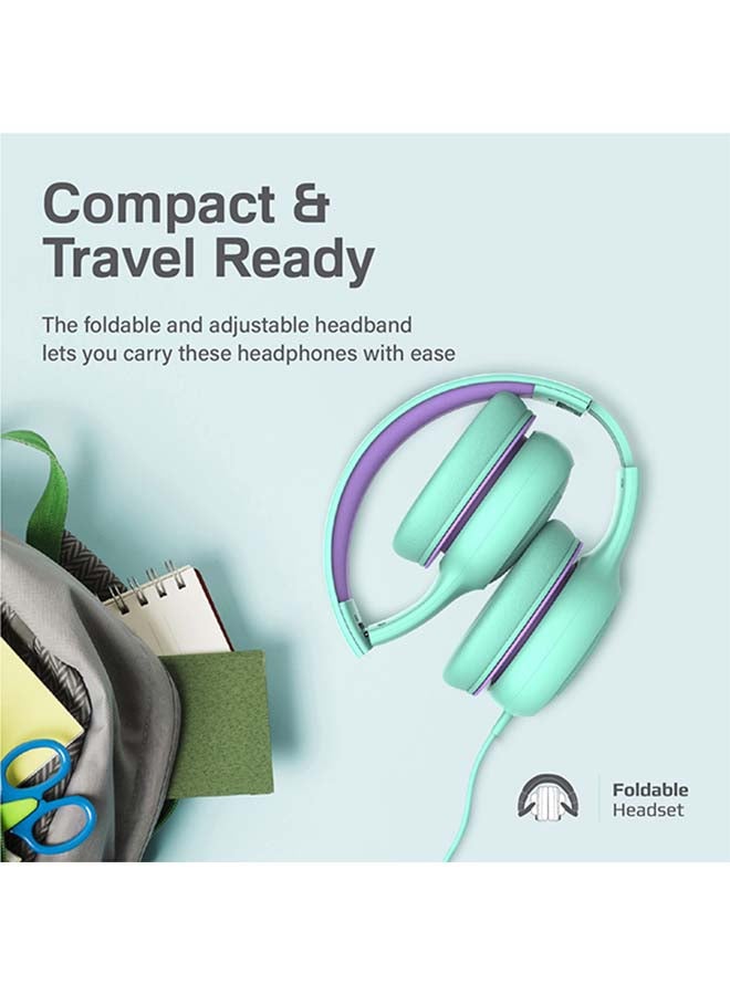 PROMATE - Kids Headset,Cute Kids Safe Foldable Wired Over-Ear Headphones with Audio Share Port,Removable Cat Ears,Soft Earpads,Volume Controlled at 85dB and 1.2m Cable,3.5mm Devices,Simba Emerald - Image 1