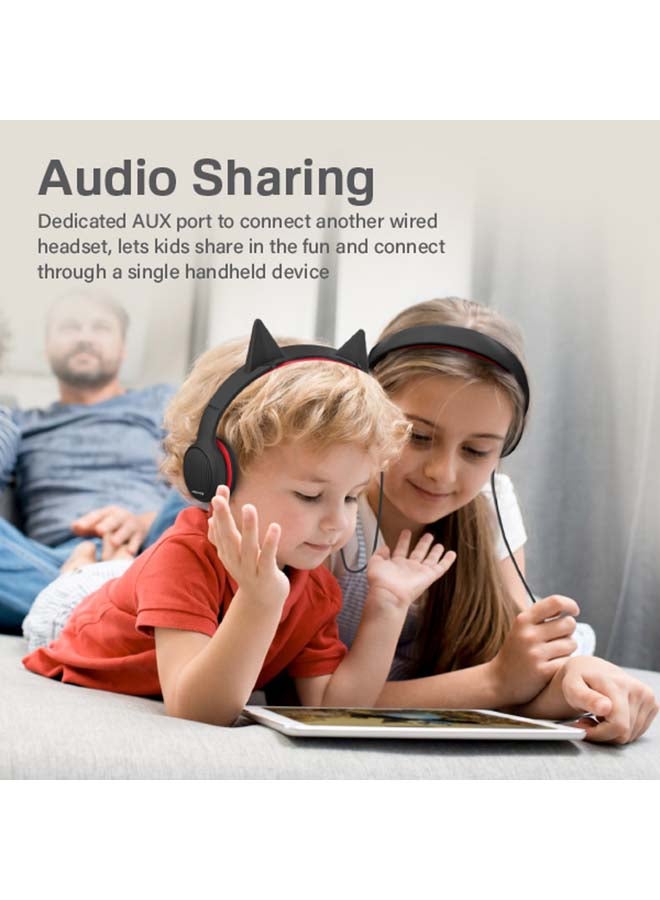 PROMATE - Kids Headset,Cute Kids Safe Foldable Wired Over-Ear Headphones with Audio Share Port,Removable Cat Ears,Soft Earpads,Volume Controlled at 85dB and 1.2m Cable,3.5mm Devices,Simba Onyx - Image 1