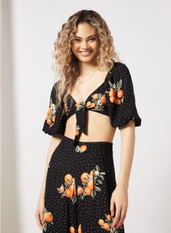 FOREVER 21 Printed Tie Front Crop Top Black  - Image 1