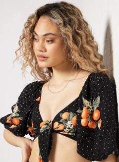 FOREVER 21 Printed Tie Front Crop Top Black  - Image 3