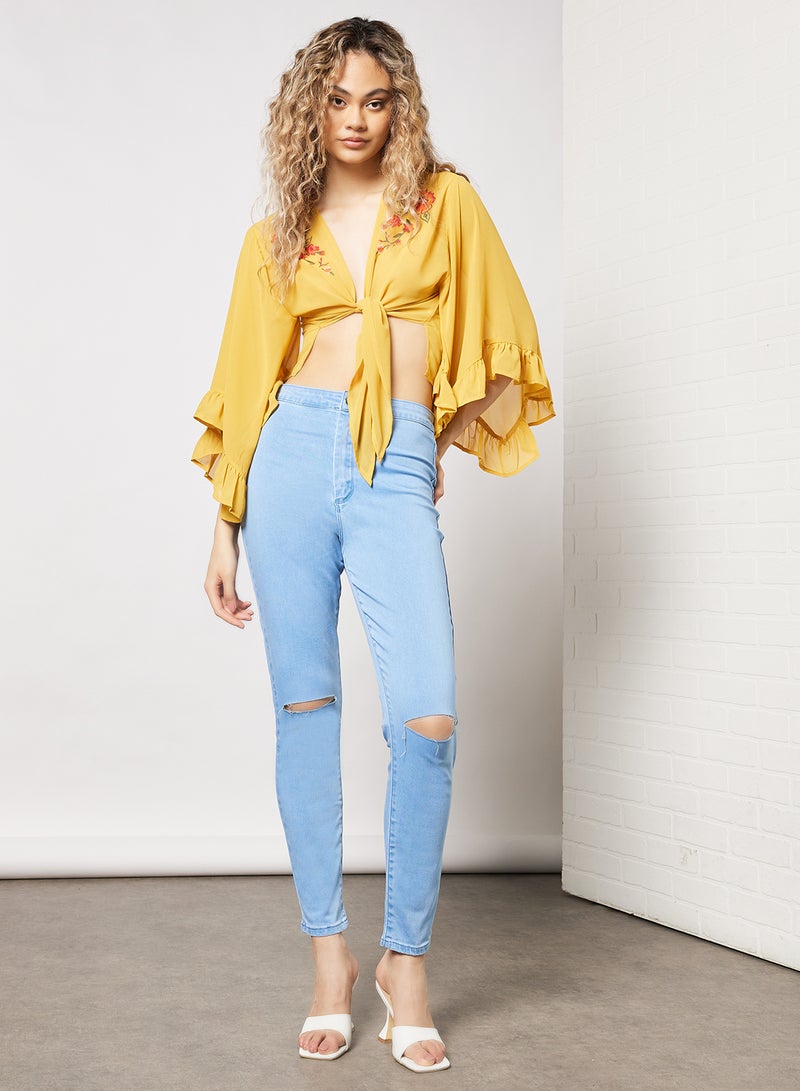 FOREVER 21 Sheer Floral Embroidered Top Yellow  - Image 4