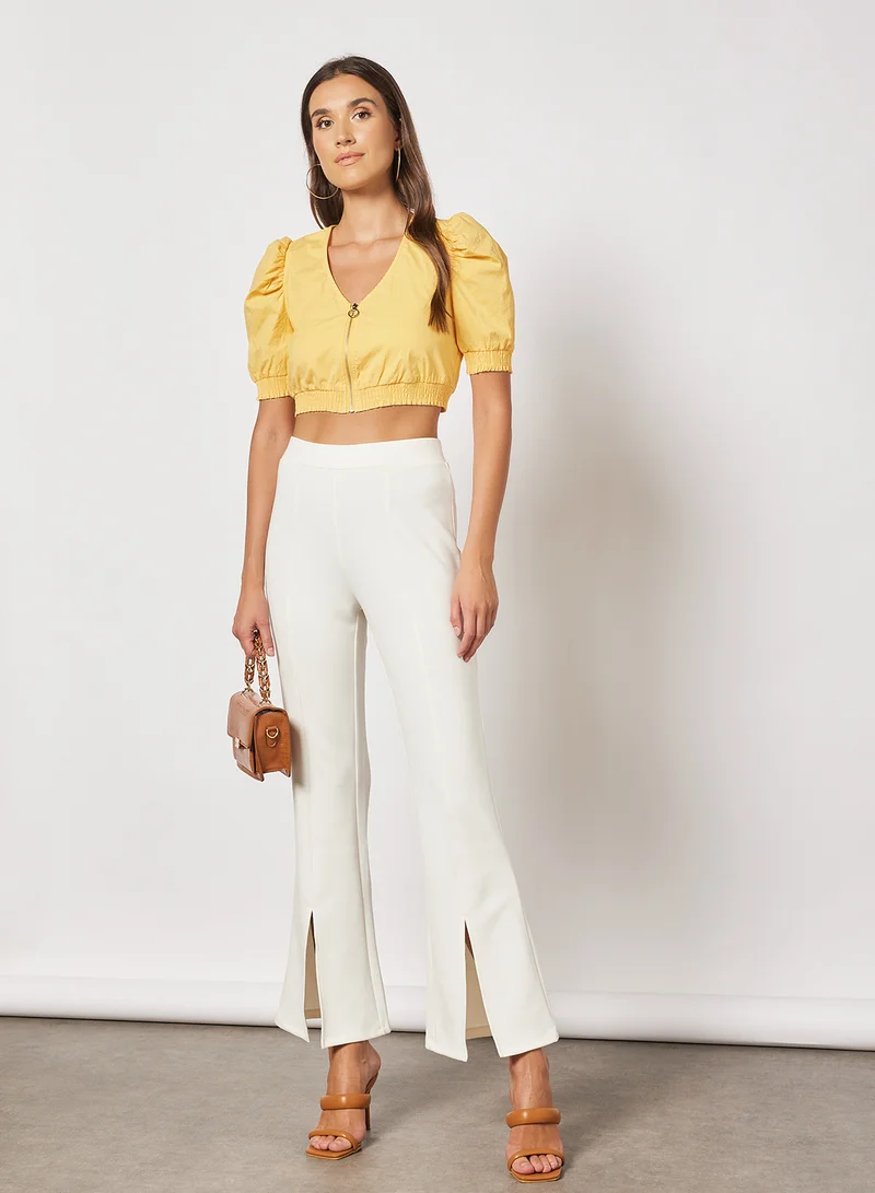 NA-KD Front Zip Puff Sleeve Crop Top Honey
