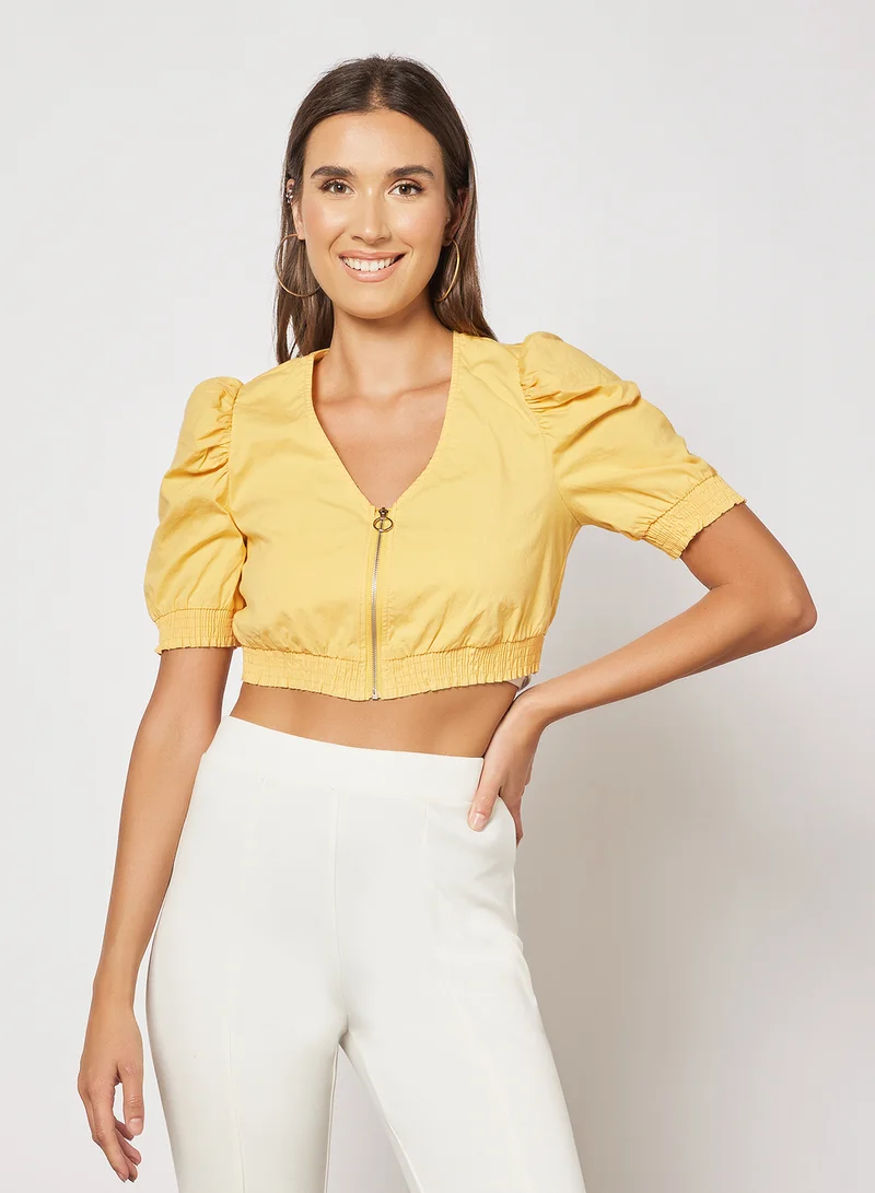 NA-KD Front Zip Puff Sleeve Crop Top