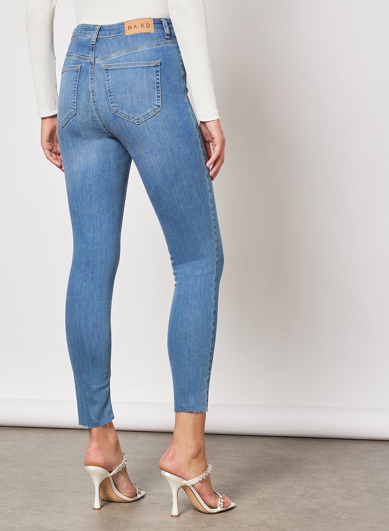 NA-KD - Skinny High Waist Raw Hem Jeans Mid Blue - Image 1