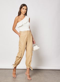 NA-KD Faux Leather Cargo Pants Beige  - Image 4