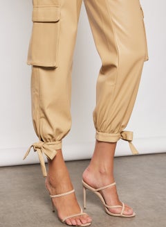 NA-KD Faux Leather Cargo Pants Beige  - Image 3