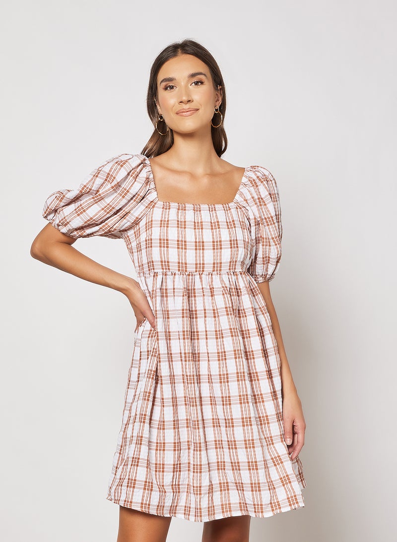 Square Neck Seersucker Dress Light Beige Check - v1650526130/N45284473V_1