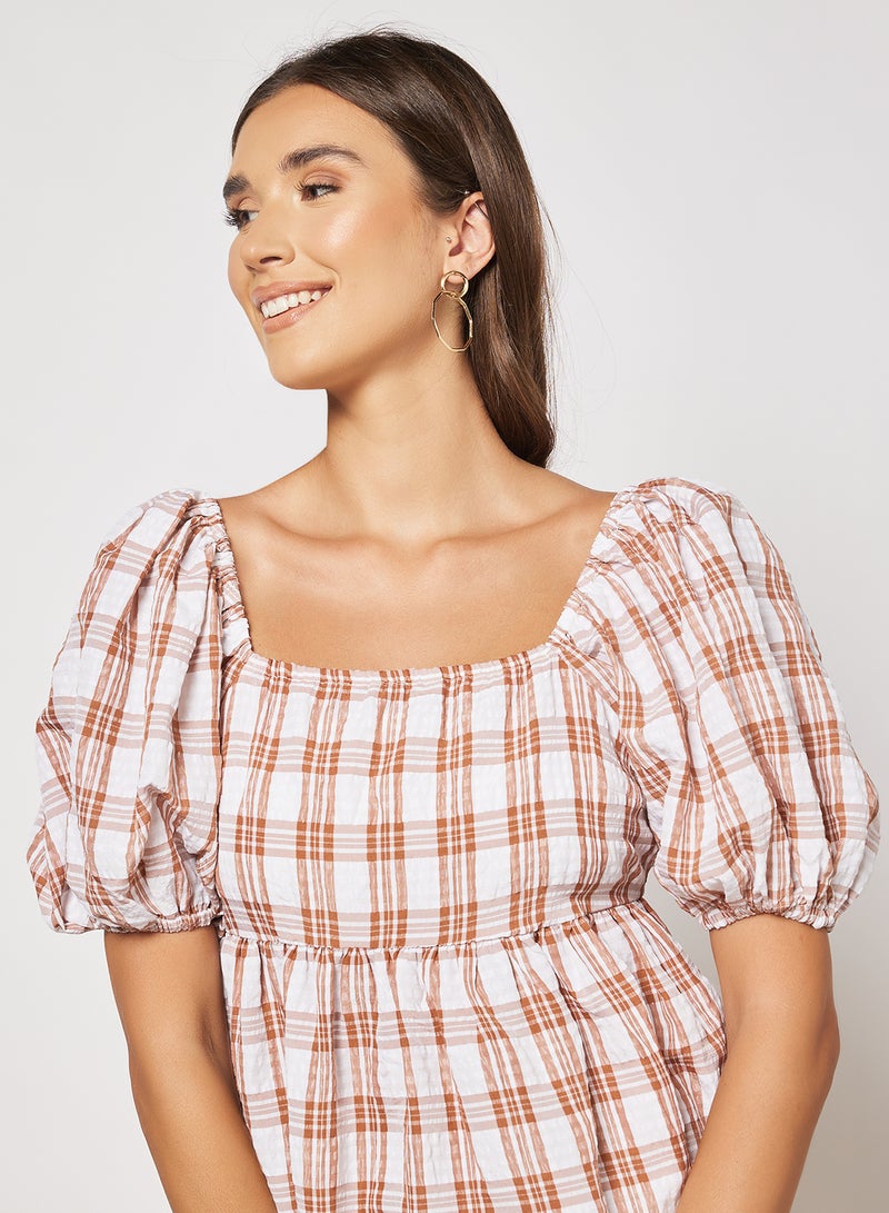 NA-KD - Square Neck Seersucker Dress Light Beige Check - Image 1