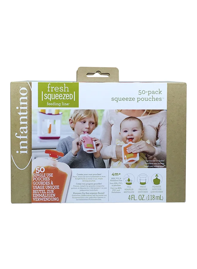 infantino Pack of 50 Squeeze Pouches for Baby, With BPA Free Material, Orange/clear