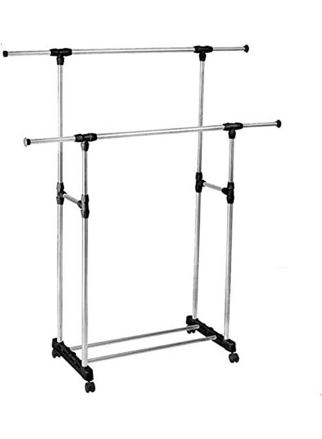Clothes Portable Rack Hanger Extendable Rolling Double Pole Silver  - Image 1