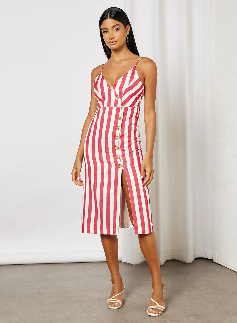 FOREVER 21 Striped Button Front Midi Dress Red/White