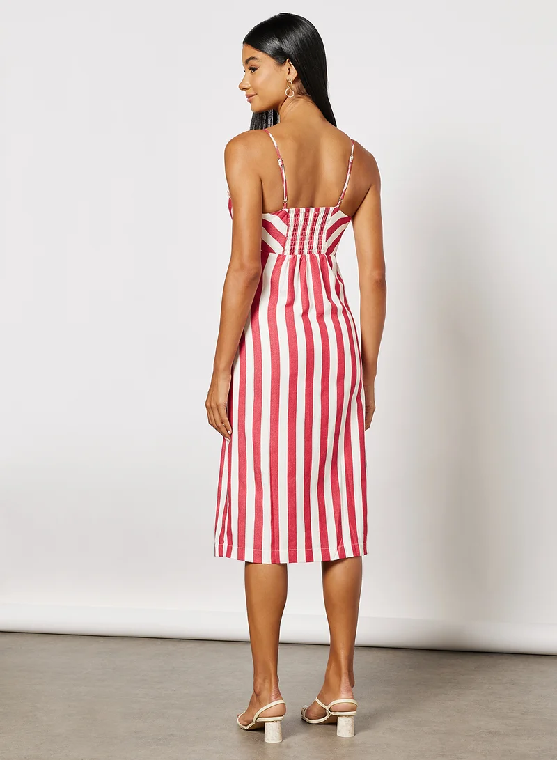 FOREVER 21 Striped Button Front Midi Dress Red/White