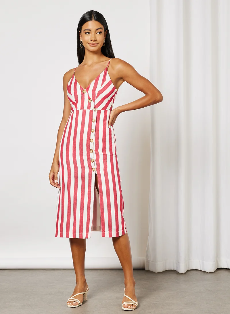 FOREVER 21 Striped Button Front Midi Dress Red/White