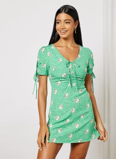 Floral Print Ruched Mini Dress Green