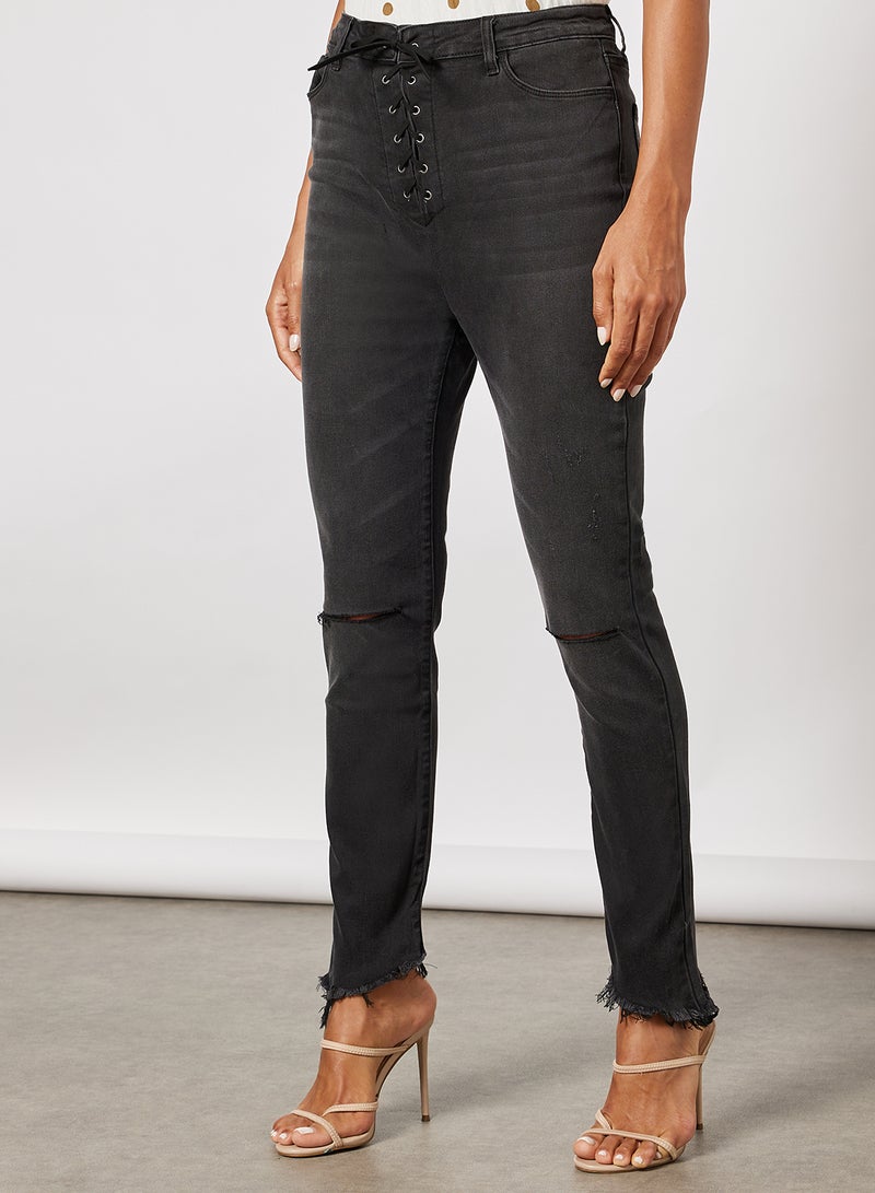 FOREVER 21 Frayed Hem Skinny Jeans Black  - Image 1