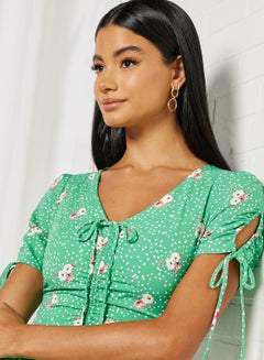 FOREVER 21 Floral Print Ruched Mini Dress Green  - Image 4