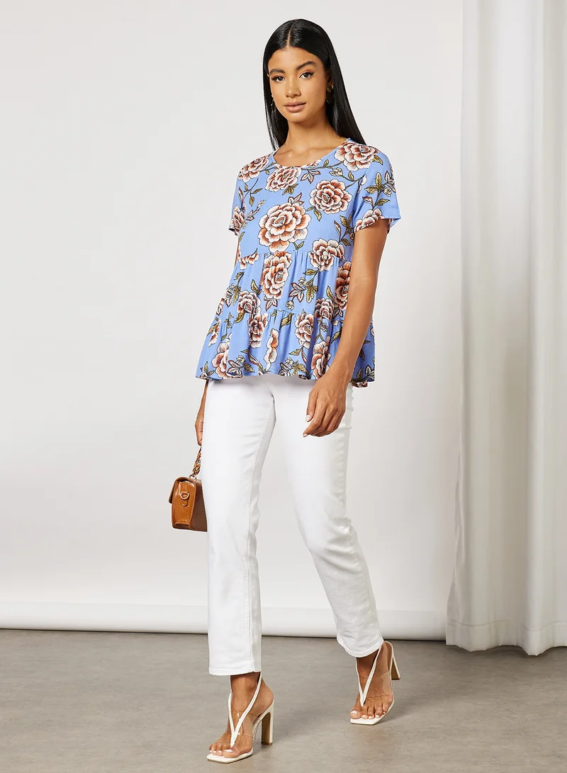 Generic Floral Print Flounce Top Perwinkle/Multi