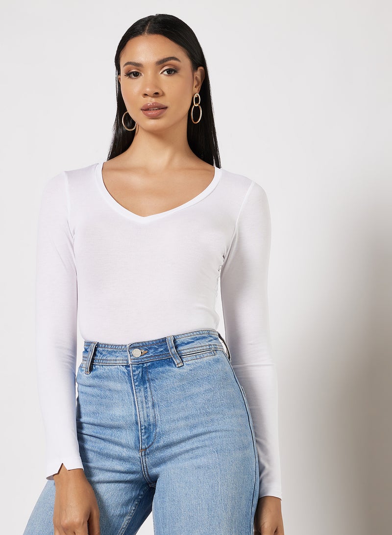BRAVE SOUL - V-Neck Long Sleeve Bodysuit White - Image 1