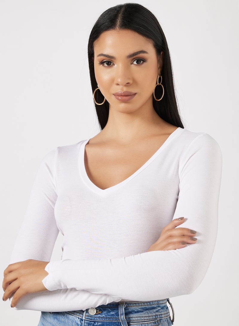 BRAVE SOUL - V-Neck Long Sleeve Bodysuit White - Image 1