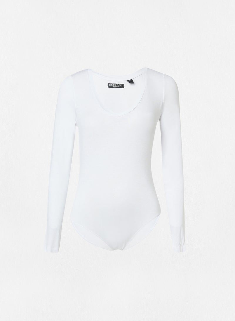 BRAVE SOUL - V-Neck Long Sleeve Bodysuit White - Image 1