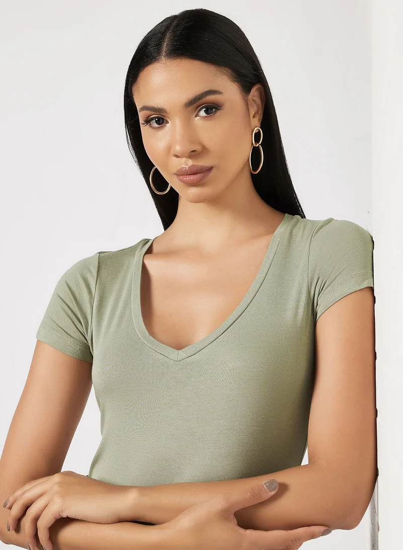 BRAVE SOUL V-Neck Short Sleeve Bodysuit Khaki