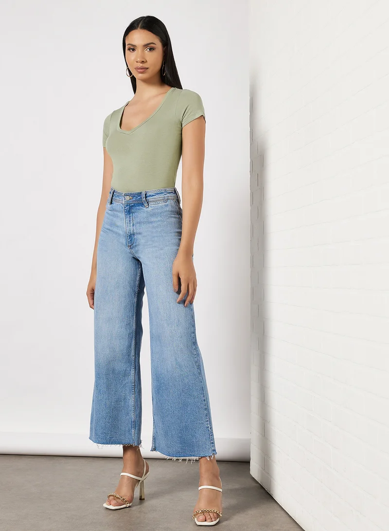 BRAVE SOUL V-Neck Short Sleeve Bodysuit Khaki