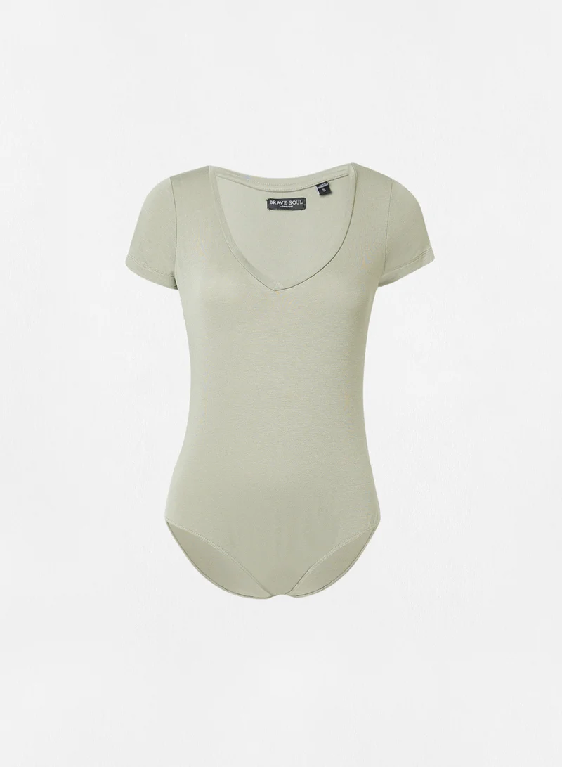 BRAVE SOUL V-Neck Short Sleeve Bodysuit Khaki