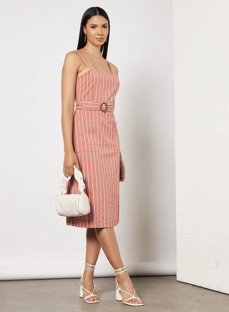 برايف سول Striped Belted Dress وردي/أبيض