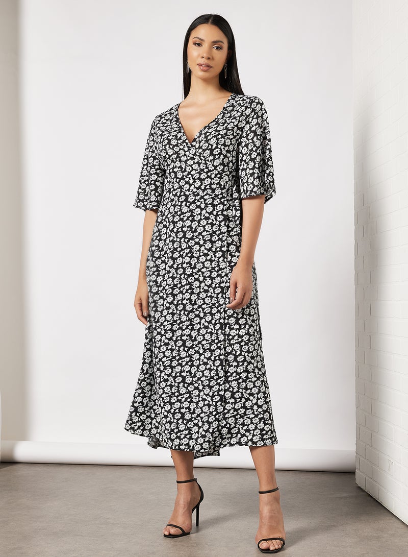 BRAVE SOUL Floral Print Wrap Dress Black/White  - Image 1