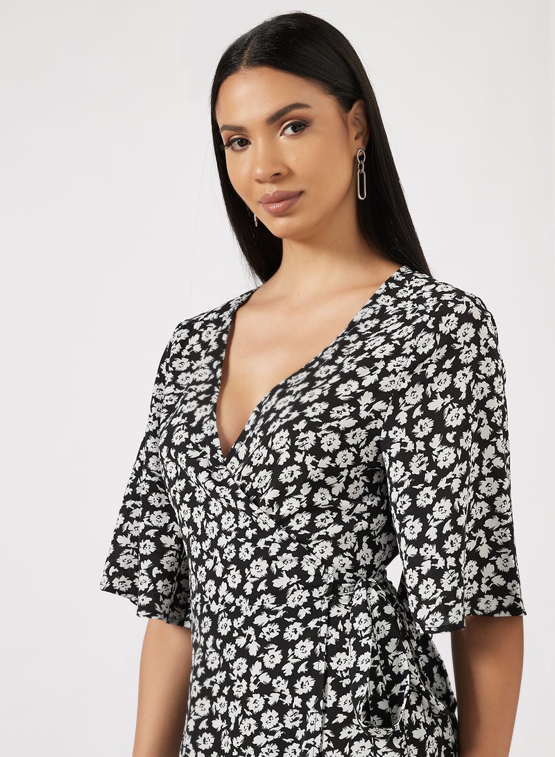 BRAVE SOUL Floral Print Wrap Dress Black/White  - Image 3