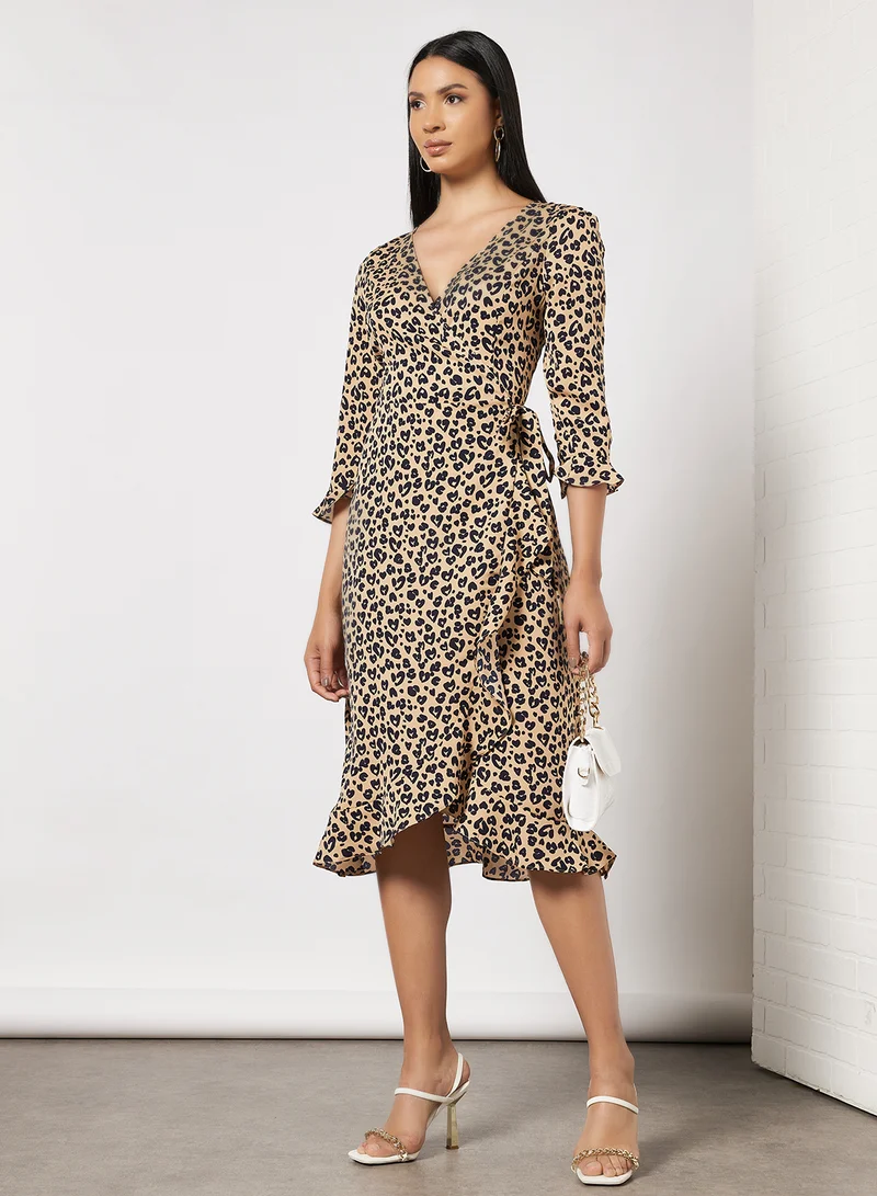 BRAVE SOUL All Over Heart Print Wrap Dress Brown / Navy