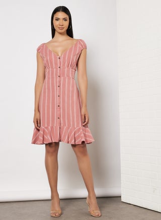 Striped Button Up Dress Rust Stripe - v1650611232/N42872310V_1