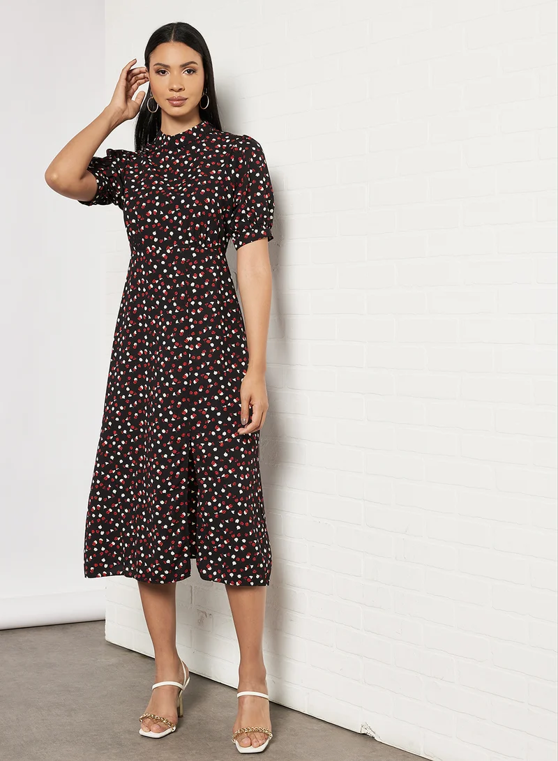 BRAVE SOUL All Over Print Midi Dress Black / Red Print
