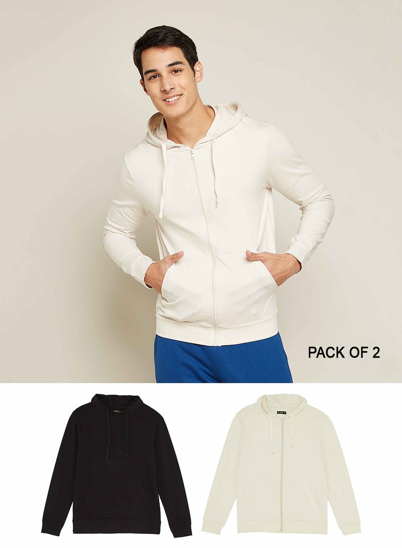Noon East Men's Pack Of 2 Hoodies - 100% Fench Terry Cotton With Side Pockets And Zipper, Biowashed Fabric For Soft Handfeel Jet Black / White - Image 1