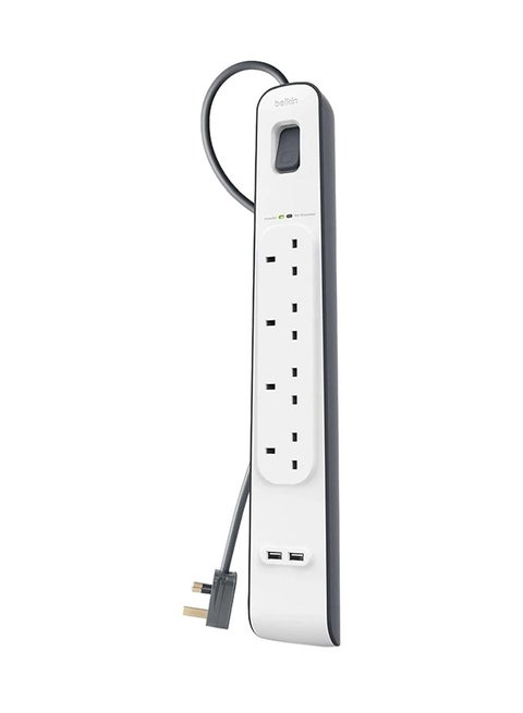 4 Way Surge Protection Strip - 2M With 2 X 2.4Amp Usb Charging Power Extension White/Grey