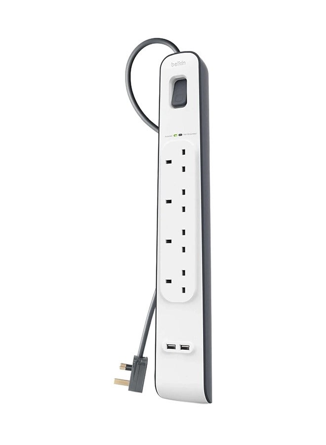 belkin - 4 Way Surge Protection Strip - 2M With 2 X 2.4Amp Usb Charging Power Extension White/Grey - Image 1