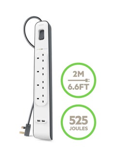 belkin 4 Way Surge Protection Strip - 2M With 2 X 2.4Amp Usb Charging Power Extension White/Grey  - Image 2