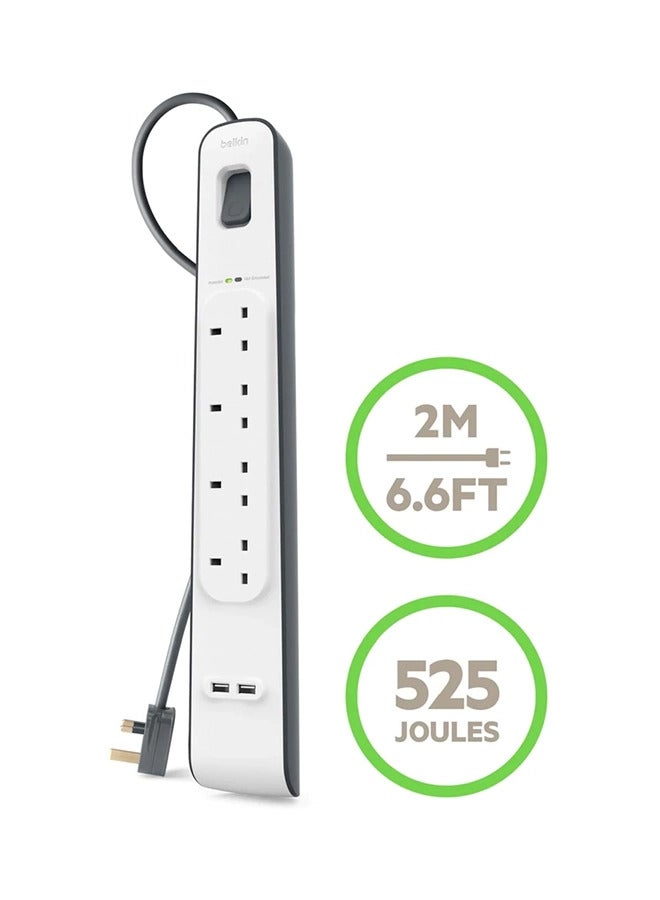belkin - 4 Way Surge Protection Strip - 2M With 2 X 2.4Amp Usb Charging Power Extension White/Grey - Image 1