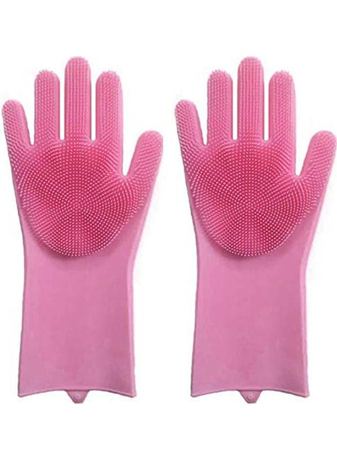 Dish Washing Gloves With Scrbbers Magic Silicone Rubber Gloves For Cleaning Dishe Pink  - Image 1